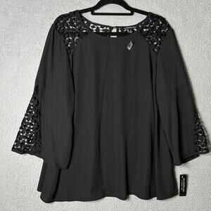 Zac &‎ Rachel Blouse Womens 1X Black Long Sleeve Crew Neck Sheer Top Blouse NEW